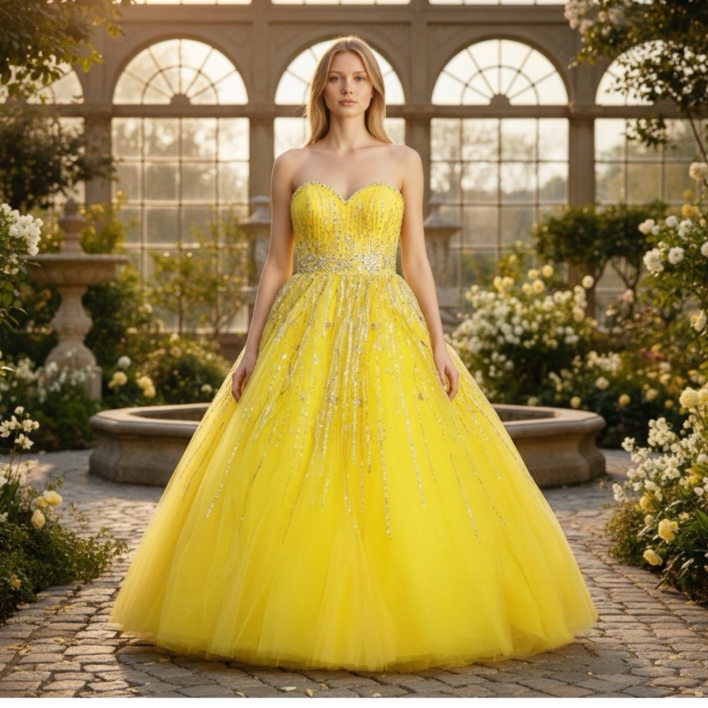 Unbranded Ball Gown Womens Size XS Yellow Excellent Sequin Tulle Prom Pageant